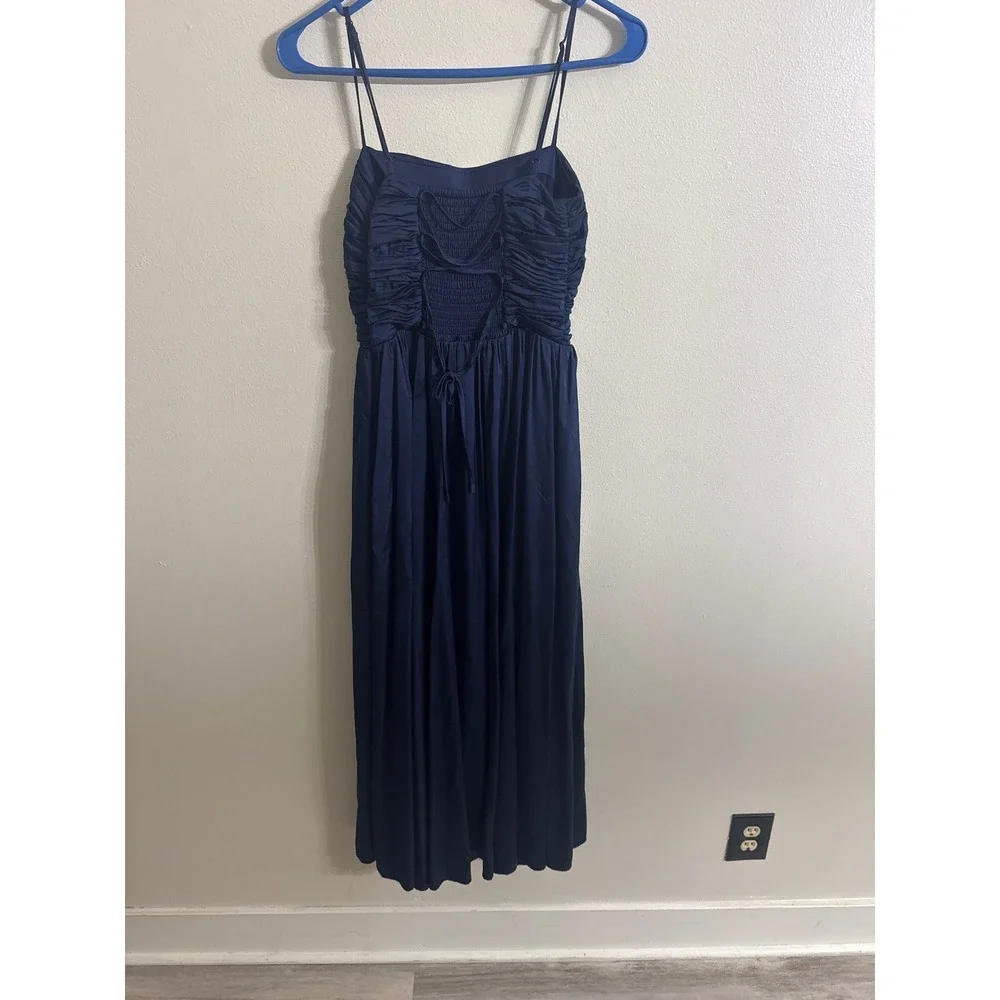 Abercrombie & Fitch Emerson Navy Blue Ruched Satin Maxi Dress Women's XS Petite